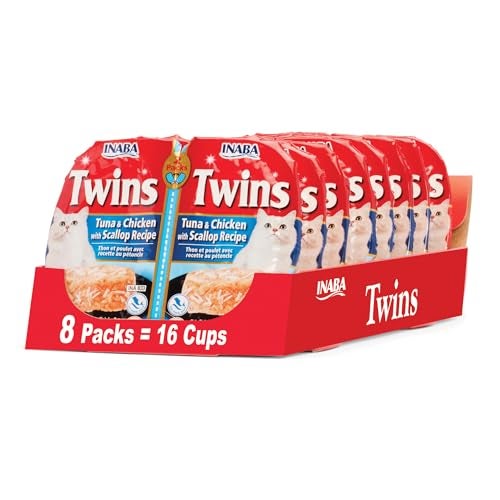 INABA Twins for Cats, Side Dish/Topper Cups, 1.23 Ounces per Serving, 16 Servings, Tuna & Chicken with Scallop Recipe - Image 1