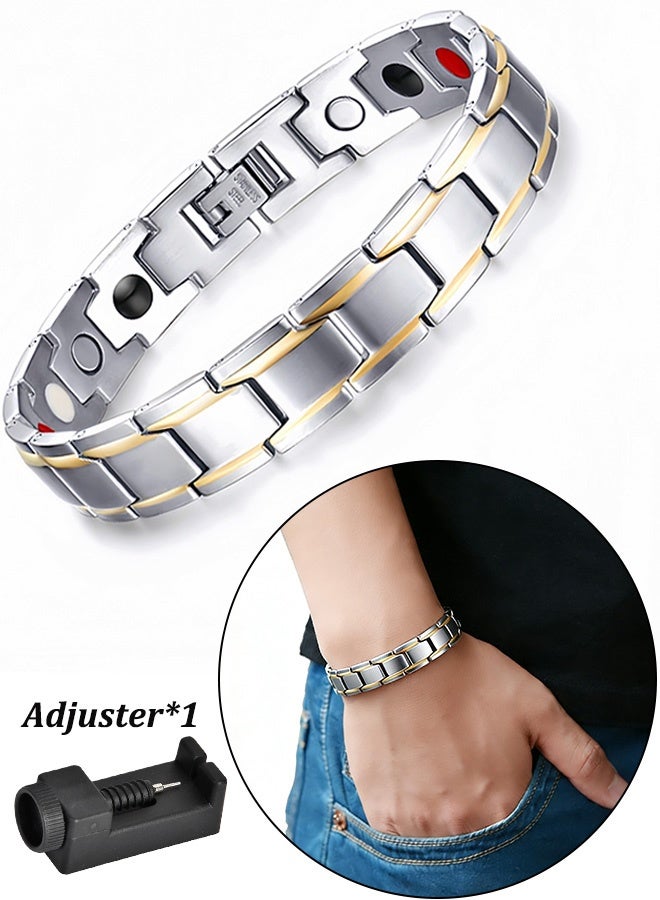 أساور من الفولاذ المقاوم للصدأ مع حجر مغناطيسي وأداة لتعديل الطول للرجال أساور أنيقة من التيتانيوم للعلاج المغناطيسي هدايا للمجوهرات للرجال للذهاب إلى العمل يوميًا وارتداء المكتب والنزهات غير الرسمية، فضي ذهبي - Image 1