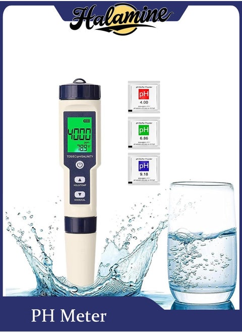 5 in 1 PH Meter, Professional Multi-parameter Combo Testing Meter，PH/TDS/EC/Salinity/Temp Meter for Water, High Accuracy Water Testing Kits for Drinking Water, Pools, Fish Tank, and Hydroponics,with 3 PH Buffer Powder