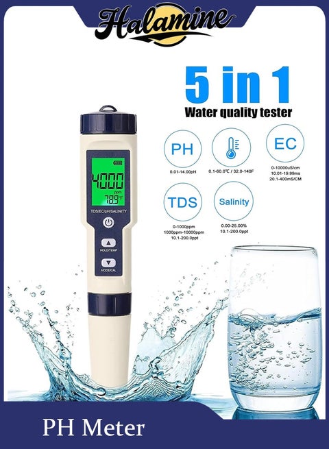 5 in 1 PH Meter, Professional Multi-parameter Combo Testing Meter，PH/TDS/EC/Salinity/Temp Meter for Water, High Accuracy Water Testing Kits for Drinking Water, Pools, Fish Tank, and Hydroponics