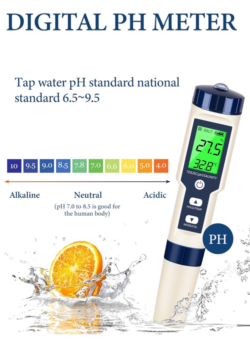 هالامين 5 في 1 مقياس منزلي إلكتروني ، PH ، TDS ، EC ، مقياس ملوحة ودرجة حرارة لجودة الماء ، مع شاشة LCD ، لمياه الشرب ، حوض السمك ، حمام السباحة - Image 3