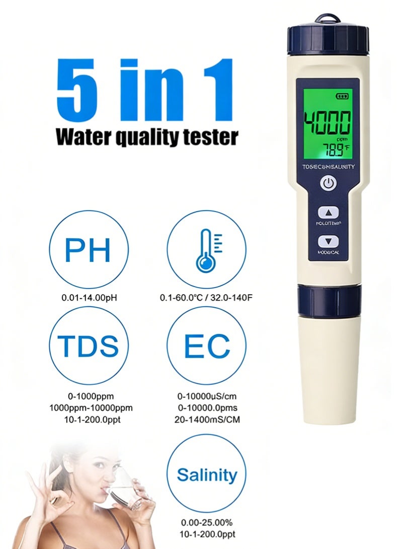 هالامين 5 في 1 مقياس منزلي إلكتروني ، PH ، TDS ، EC ، مقياس ملوحة ودرجة حرارة لجودة الماء ، مع شاشة LCD ، لمياه الشرب ، حوض السمك ، حمام السباحة - Image 4