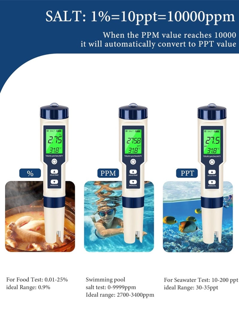 هالامين 5 في 1 مقياس منزلي إلكتروني ، PH ، TDS ، EC ، مقياس ملوحة ودرجة حرارة لجودة الماء ، مع شاشة LCD ، لمياه الشرب ، حوض السمك ، حمام السباحة - Image 2
