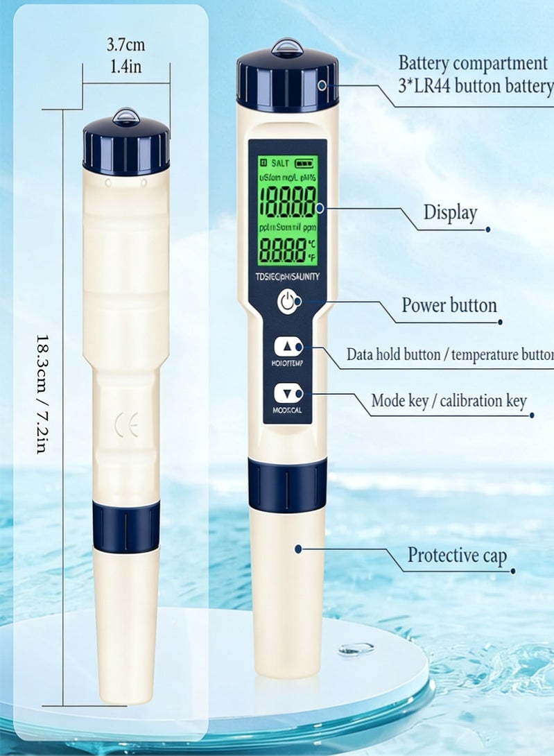 هالامين 5 في 1 مقياس منزلي إلكتروني ، PH ، TDS ، EC ، مقياس ملوحة ودرجة حرارة لجودة الماء ، مع شاشة LCD ، لمياه الشرب ، حوض السمك ، حمام السباحة - Image 5