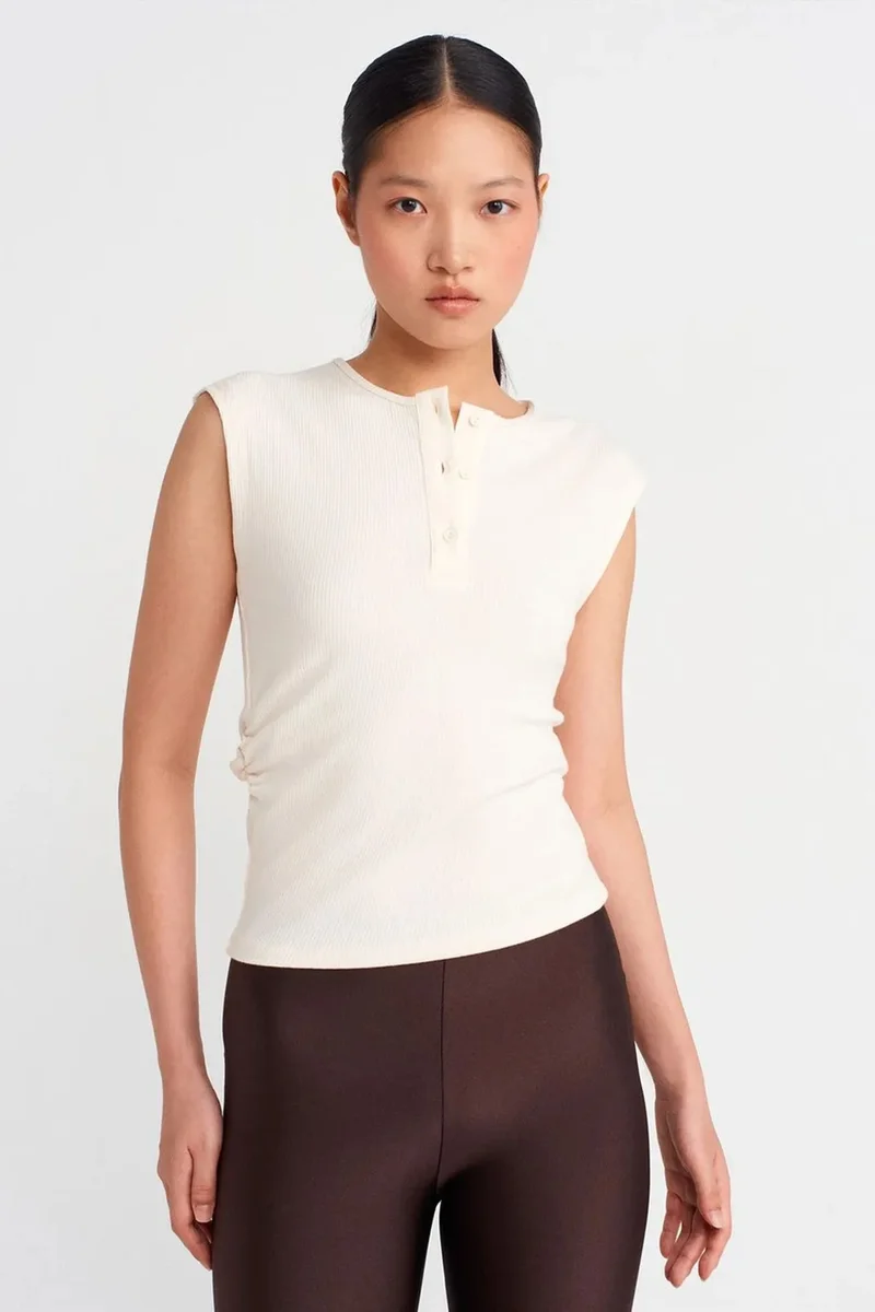 DILVIN Sleeveless Ribbed Button-Front Blouse