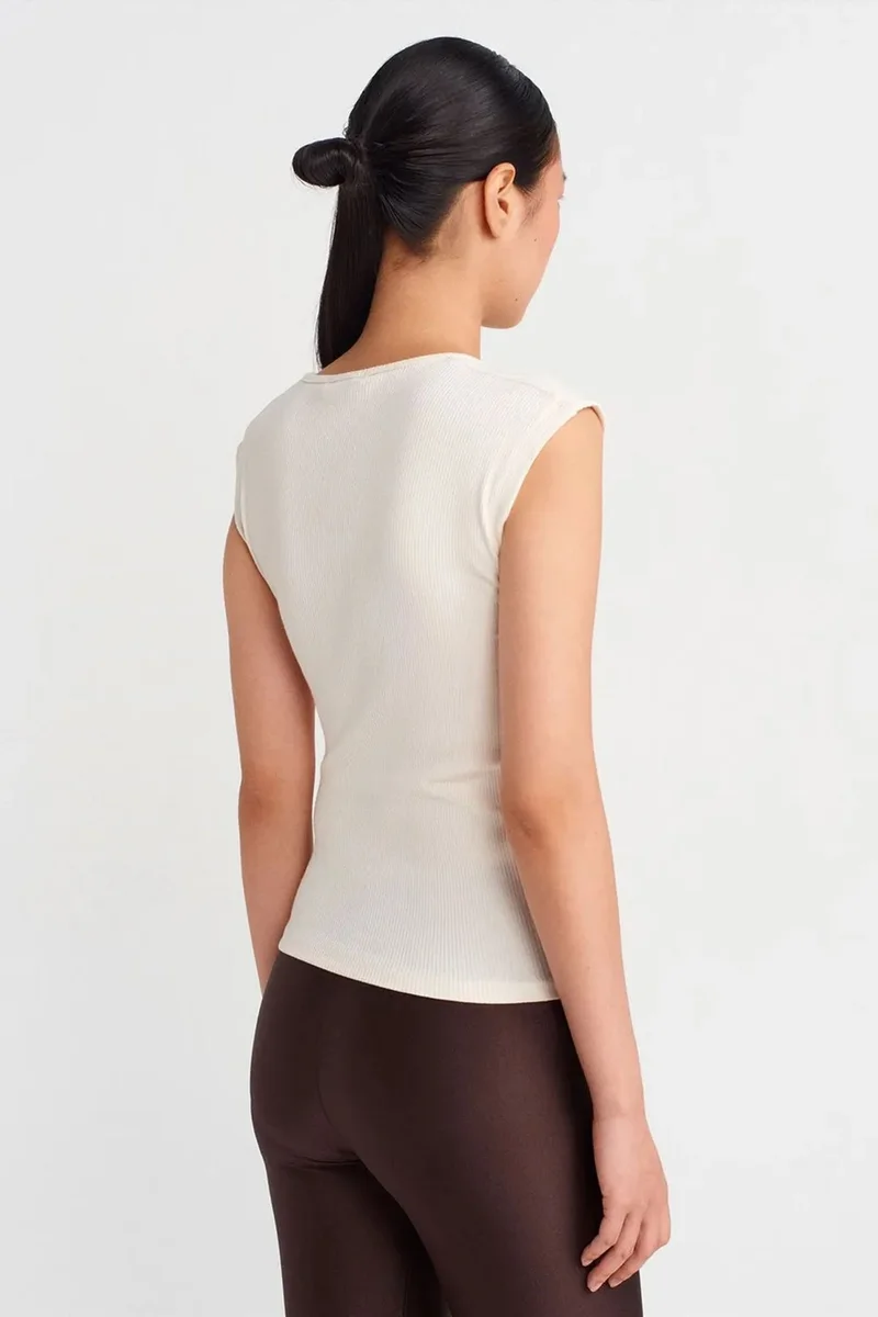 Dilvin Dusty White DILVIN Sleeveless Ribbed Button-Front Blouse for Women | Best Price UAE