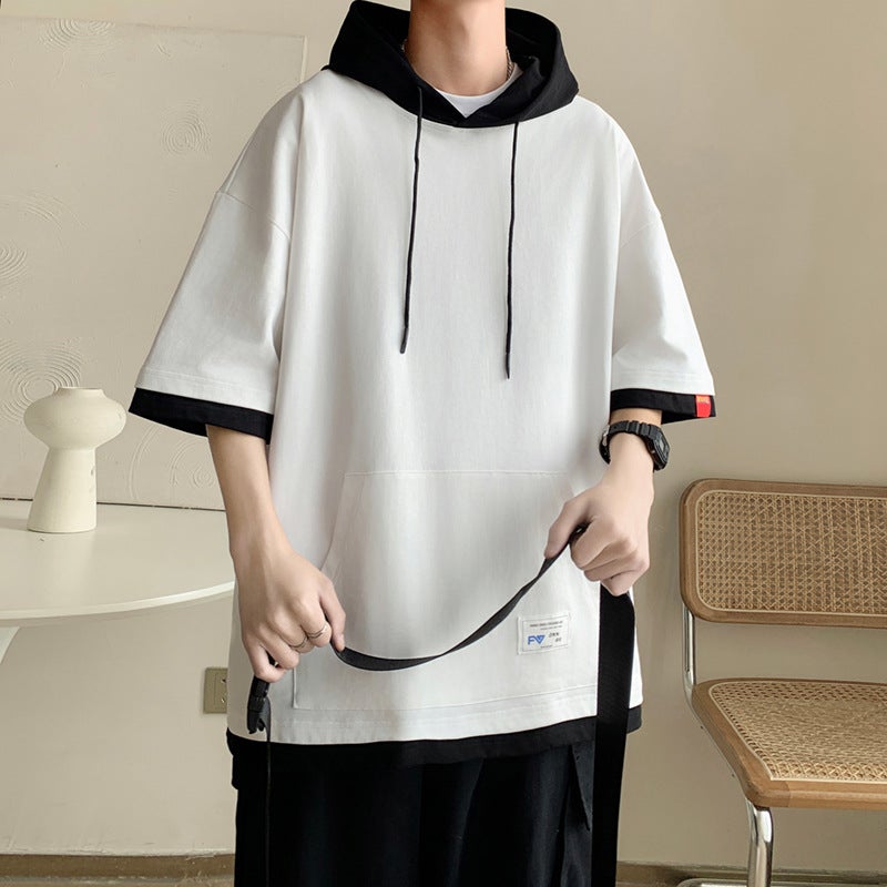Pure Cotton Short-Sleeved T-Shirt Men'S Summer Fake Two-Piece Hooded Half-Sleeved T-Shirt Trbottomy Brand Ice Silk Bottoming Shirt Top - Image 4