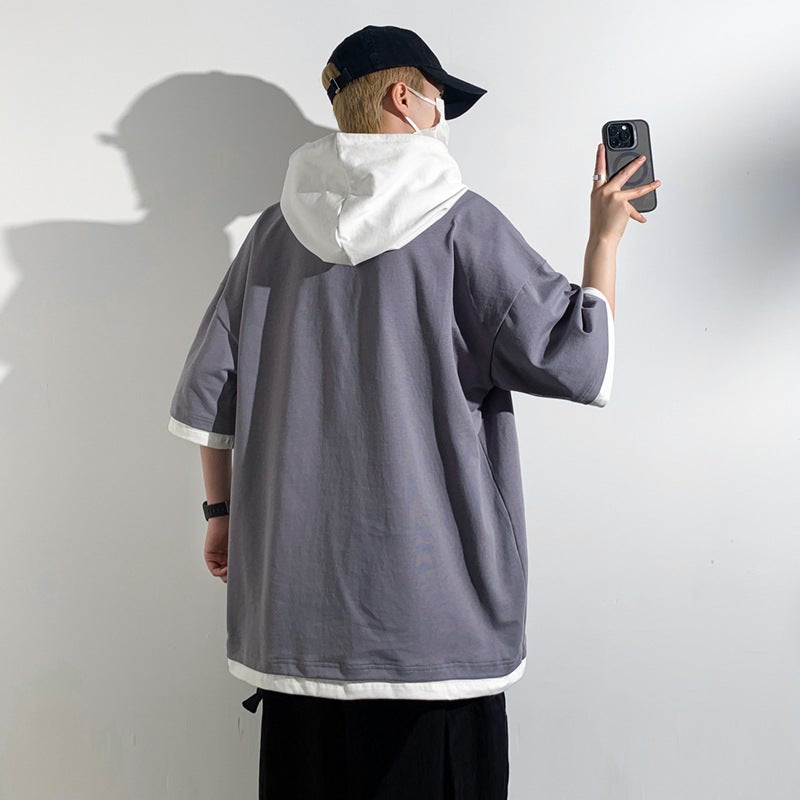 Pure Cotton Short-Sleeved T-Shirt Men'S Summer Fake Two-Piece Hooded Half-Sleeved T-Shirt Trbottomy Brand Ice Silk Bottoming Shirt Top - Image 3
