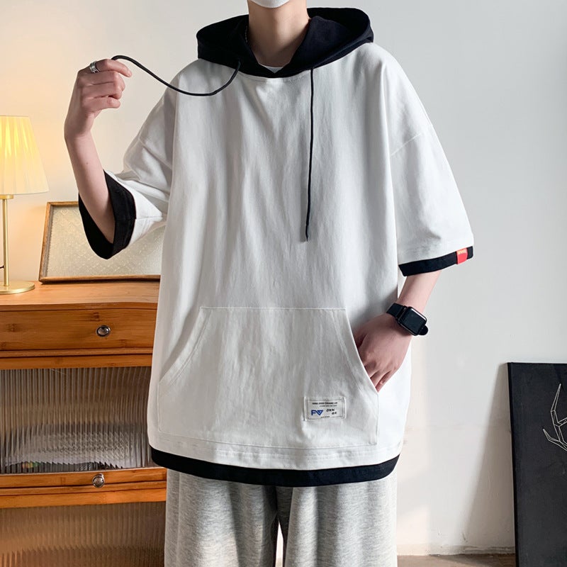 Pure Cotton Short-Sleeved T-Shirt Men'S Summer Fake Two-Piece Hooded Half-Sleeved T-Shirt Trbottomy Brand Ice Silk Bottoming Shirt Top - Image 5