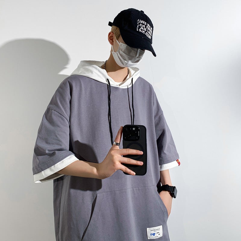 Pure Cotton Short-Sleeved T-Shirt Men'S Summer Fake Two-Piece Hooded Half-Sleeved T-Shirt Trbottomy Brand Ice Silk Bottoming Shirt Top - Image 2