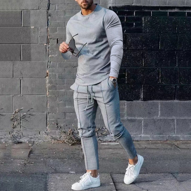 Amazon Foreign Trade Mens Wear 2024 Spring Two-Piece Crewneck Long Sleeve T-Shirt Trousers Solid Color Casual Mens suit Light gray 