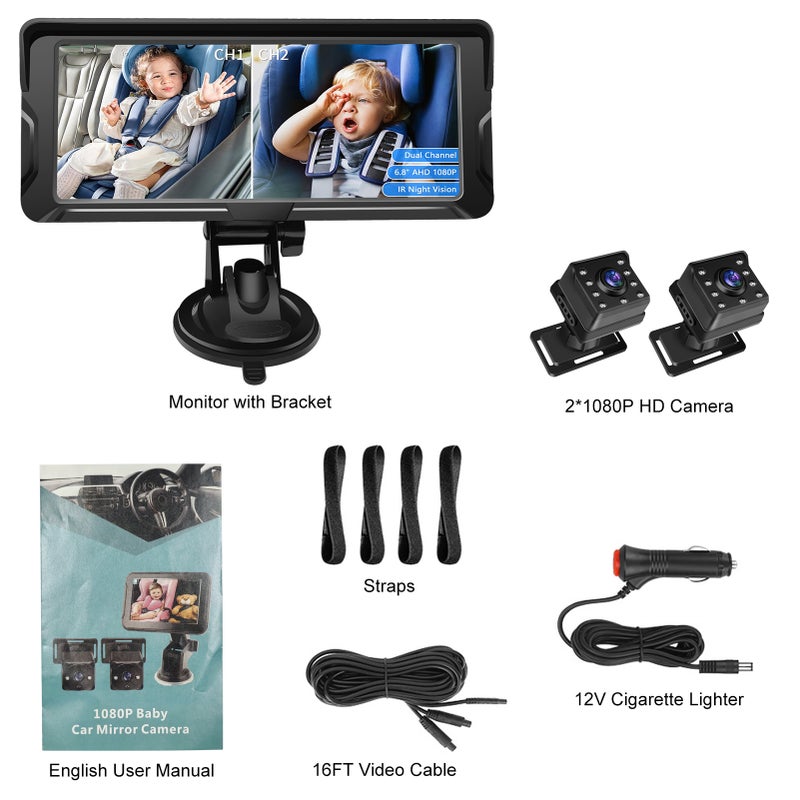 Baby Car Camera Dual Channel 6.8 inch 1080P Baby Monitor with IR Night Vision Camera and 150° Wide View for Rear Facing Seat - Image 1