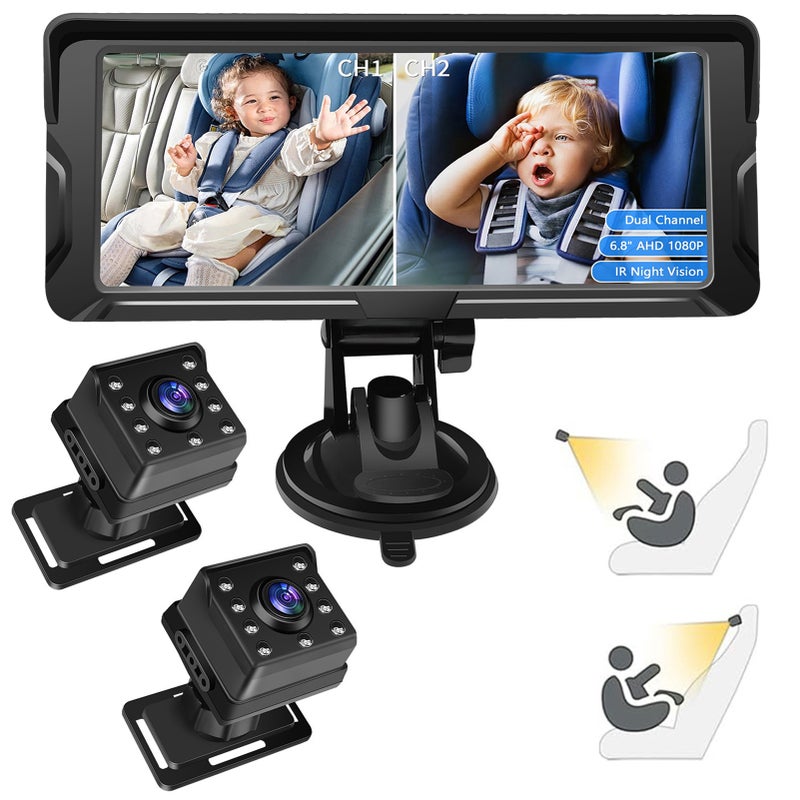 Baby Car Camera Dual Channel 6.8 inch 1080P Baby Monitor with IR Night Vision Camera and 150° Wide View for Rear Facing Seat - Image 3