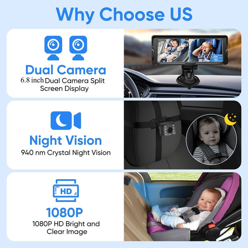 Baby Car Camera Dual Channel 6.8 inch 1080P Baby Monitor with IR Night Vision Camera and 150° Wide View for Rear Facing Seat - Image 5