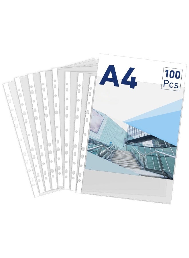 طلال ١٠٠ قطعة من واقيات الأوراق الشفافة A4 ذات الجيوب المثقوبة، أكمام مجلدات شديدة التحمل، واقيات صفحات بلاستيكية ذات ١١ ثقبًا، تُحمّل من الأعلى لمجلدات ذات ٢/٣/٤ حلقات، تناسب ورق A4 القياسي للاستخدام المنزلي والمكتبي - Image 1