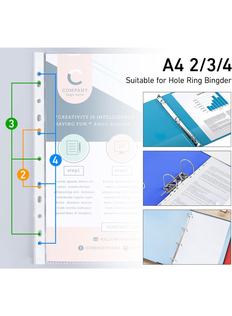 طلال ١٠٠ قطعة من واقيات الأوراق الشفافة A4 ذات الجيوب المثقوبة، أكمام مجلدات شديدة التحمل، واقيات صفحات بلاستيكية ذات ١١ ثقبًا، تُحمّل من الأعلى لمجلدات ذات ٢/٣/٤ حلقات، تناسب ورق A4 القياسي للاستخدام المنزلي والمكتبي - Image 2