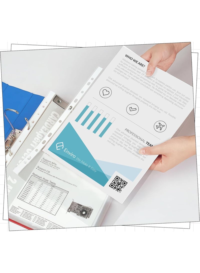 طلال ١٠٠ قطعة من واقيات الأوراق الشفافة A4 ذات الجيوب المثقوبة، أكمام مجلدات شديدة التحمل، واقيات صفحات بلاستيكية ذات ١١ ثقبًا، تُحمّل من الأعلى لمجلدات ذات ٢/٣/٤ حلقات، تناسب ورق A4 القياسي للاستخدام المنزلي والمكتبي - Image 3