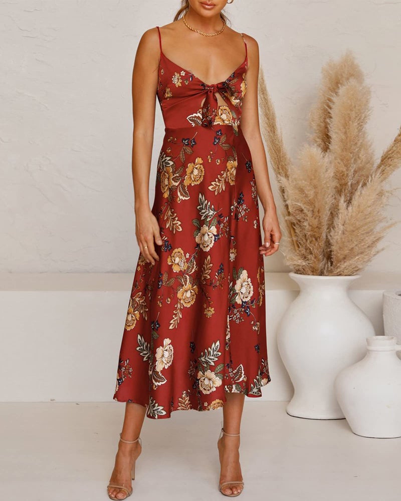 Fashionme Women Spaghetti Strap Midi Satin Dresses Tie Front Backless Split Summer Casual Floral Dress Hollow Flowy Slip Dress Sundresses Wedding Guest Beach Cocktail Graduation Maroon - Image 3