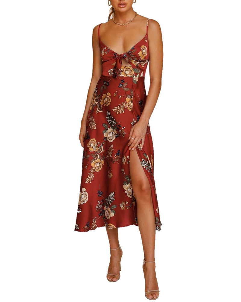 Fashionme Women Spaghetti Strap Midi Satin Dresses Tie Front Backless Split Summer Casual Floral Dress Hollow Flowy Slip Dress Sundresses Wedding Guest Beach Cocktail Graduation Maroon - Image 1