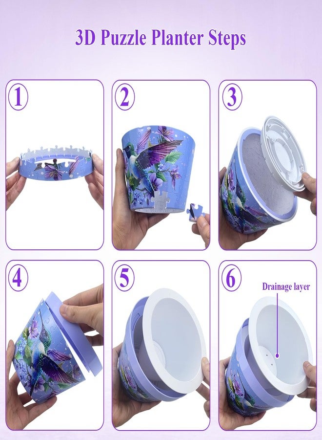 MONVIE 3D Puzzles Planter, 100 Pieces Unique Flower Vase Puzzle Pieces for Adults Puzzle Plant Pot with Drainage for Indoor Plants, Succulents and Cactus(Hummingbird and Flowers) - Image 5