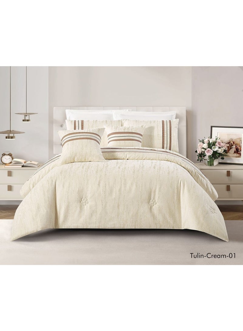 Double summer bedspread set, 8 pieces, high-quality jacquard fabric, adorned with delicate patterns, featuring elegant microfiber lace details. Includes: 1 comforter (240 x 260 cm), 1 fitted sheet (200 x 200 + 30 cm), 4 pillowcases (75 x 50 cm), 1 decorative cushion (45 x 45 cm), and 1 decorative cushion (35 x 50 cm).