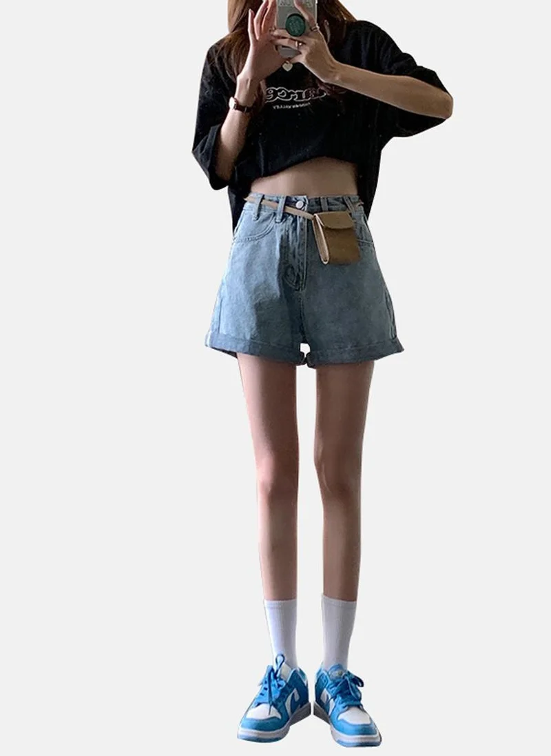 YUNIQEE Blue Slim Fit Solid Denim Shorts