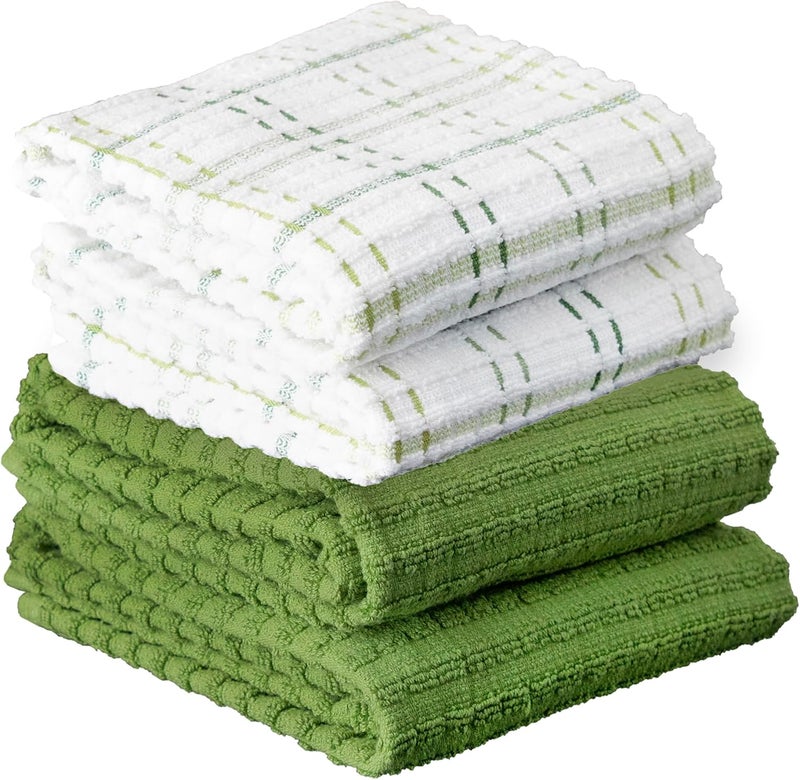 Ritz Royale Collection 100% Combed Terry Cotton, Highly Absorbent, Kitchen Dish Cloth Set, 13-3/4" x 12", 4-Pack, Solid & Checked, Cactus - Image 1