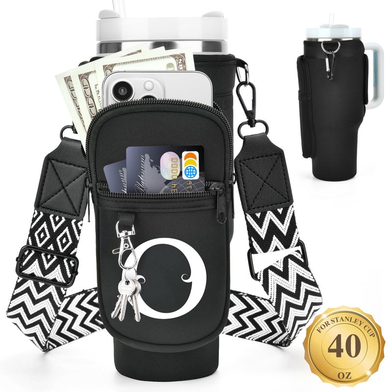 LOKASS Personalized Water Bottle Holder with Strap for Stanley Cup Accessories 40 oz Initial for Stanley Cup Holder Carrier Bag with Phone Pocket Tumbler Accessories for Daily Use HandsFreeBlack O - Image 2