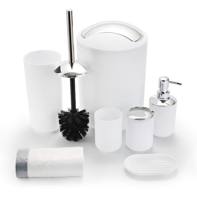 BATHROOM SETS ACCESSORIESPLASTIC 6 PIECE BATHROOM ACCESSORY SET BATHROOM TRASH CAN SET WITH DRAWSTRING TRASH BAGSTOOTHBRUSH HOLDER SETSOAP DISPENSERTOOTH MUGSOAP DISHTOILET BRUSH HOLDERWHITE