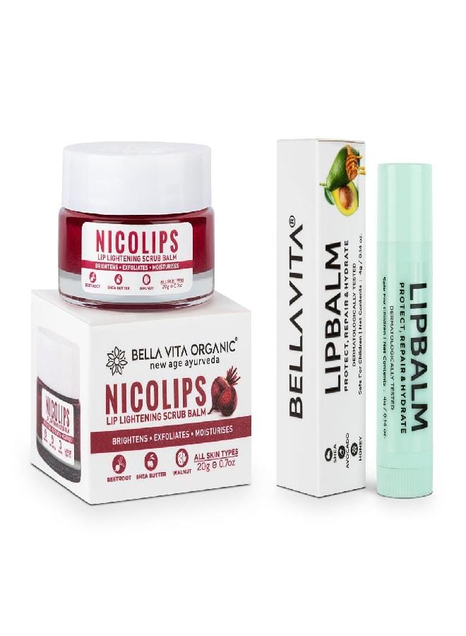 Bella Vita Organic NicoLips Lip Scrub & NicoBalm Lip Balm Combo for Dry, Chapped & Dark Lips Remover Treatment, 20g 5g - Image 1