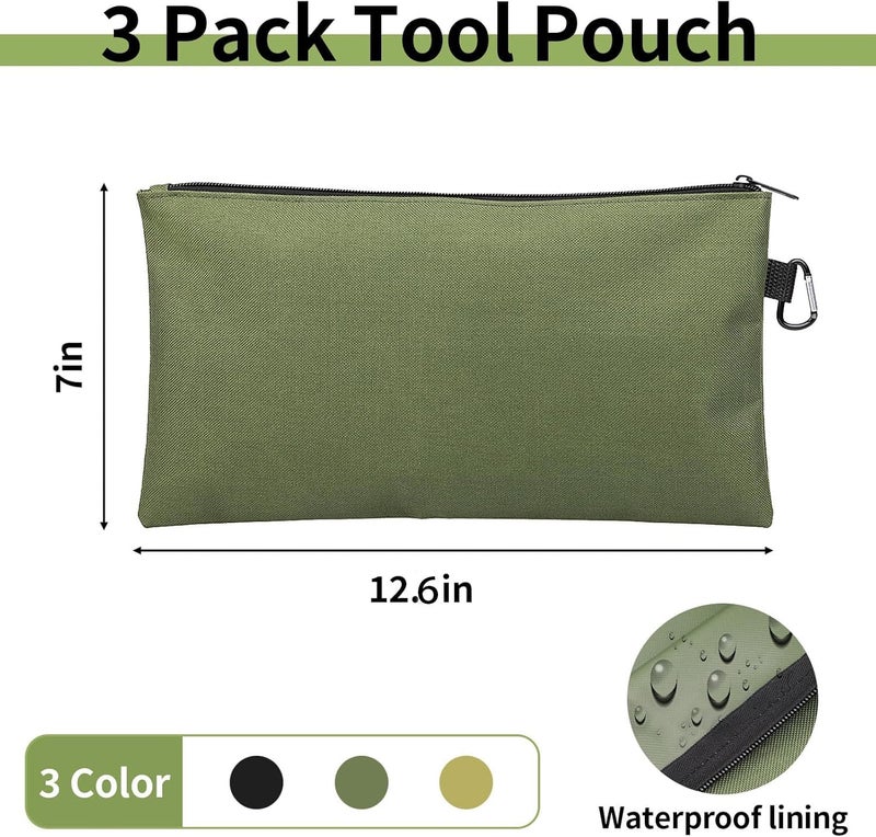 Coidea 3 Pack Tool Bag Zipper Pouch, Premium Tool Pouch, Utility Multipurpose Storage Organizer Tool Pouches with Carabiner Metal Zipper for Tools, Stationary, Pencil Pouch (3 Pack, Tan, Navy Green, Black) - Image 2