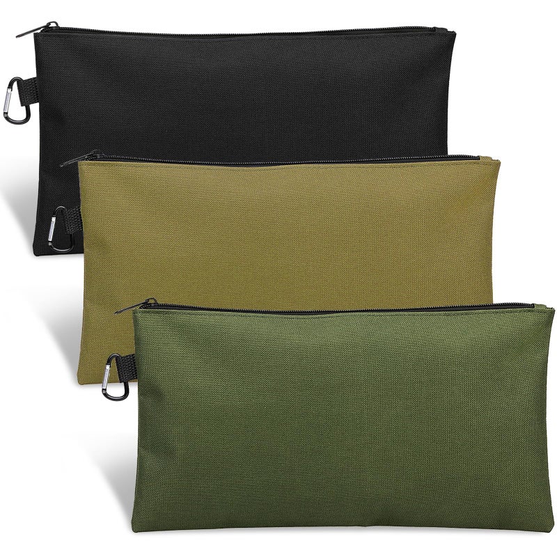 Coidea 3 Pack Tool Bag Zipper Pouch, Premium Tool Pouch, Utility Multipurpose Storage Organizer Tool Pouches with Carabiner Metal Zipper for Tools, Stationary, Pencil Pouch (3 Pack, Tan, Navy Green, Black) - Image 1