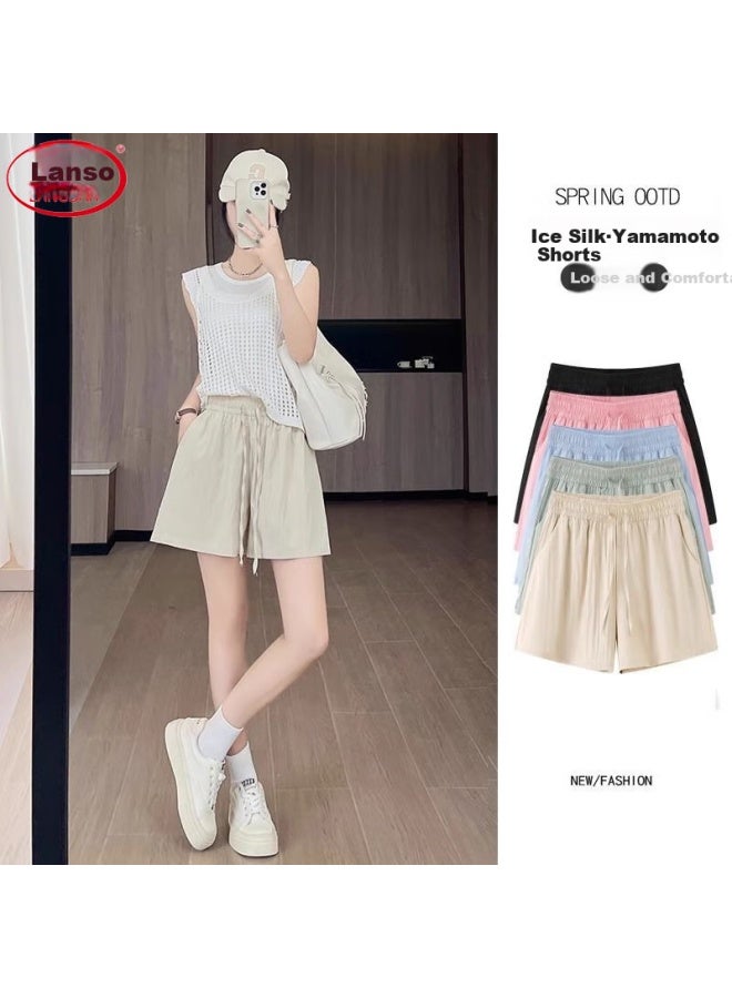 LANG SHA Langsha Women's Summer Ice Silk Thin New High-waisted Wide-leg Shorts Loose Casual Yamamoto Cropped Pants - Image 1