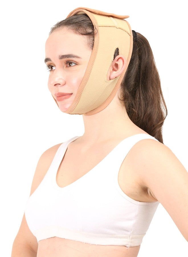 Dermapress Post Liposuction Chin Strap || MODERATE COMPRESSION || COTTON FABRIC || Unisex || Face Shaper || Facial Slimming || Jawline tightening || Post Facial (Beige, XS) - Image 3