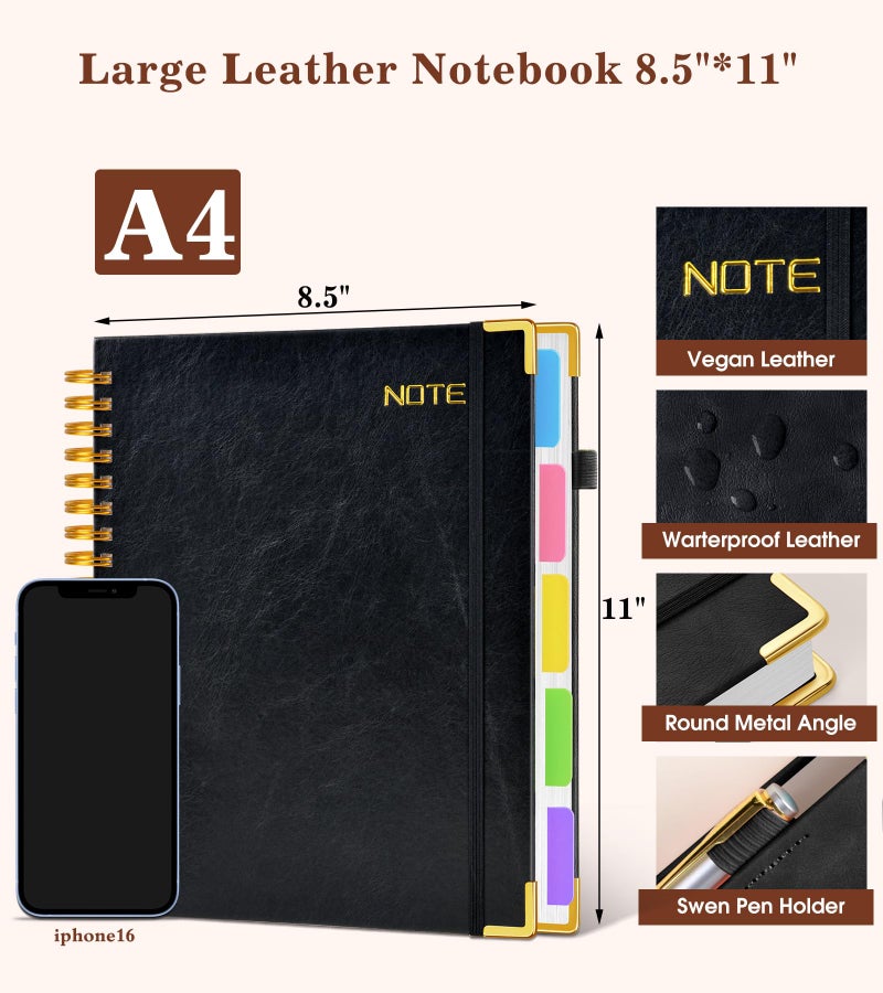 dilitego Hardcover Large Spiral Notebook 8.5" x 11" with Removable Dividers Tabs, 300 pages Leather 5 Subject Notebook College Ruled, A4 Journal for Women Men, Notebooks for Work School Note taking,Black - Image 2