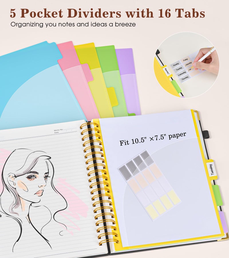 dilitego Hardcover Large Spiral Notebook 8.5" x 11" with Removable Dividers Tabs, 300 pages Leather 5 Subject Notebook College Ruled, A4 Journal for Women Men, Notebooks for Work School Note taking,Black - Image 4