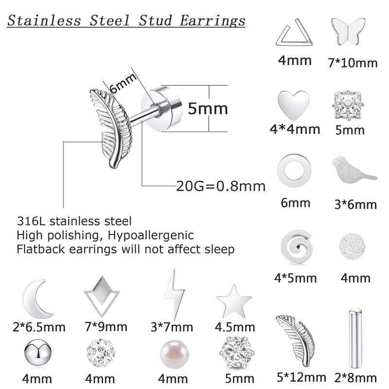 MJust 18 Pairs Stainless Steel Earrings Set for Women & Menâ€“ Star, Moon, Heart & Geometric Designs, 20G Flatback & Barbell for Cartilage (Silvery) - Image 2