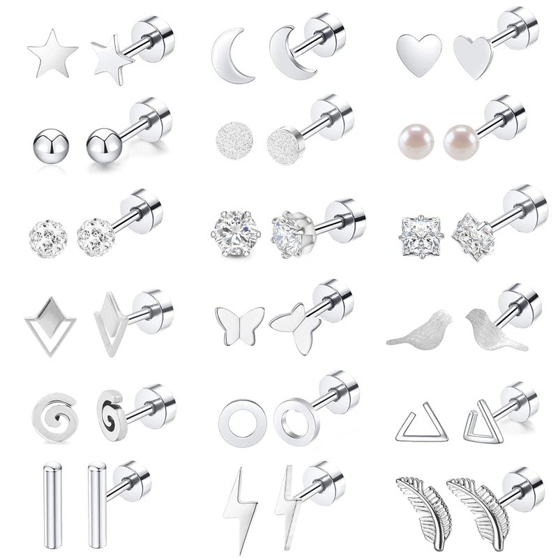 MJust 18 Pairs Stainless Steel Earrings Set for Women & Menâ€“ Star, Moon, Heart & Geometric Designs, 20G Flatback & Barbell for Cartilage (Silvery) - Image 1