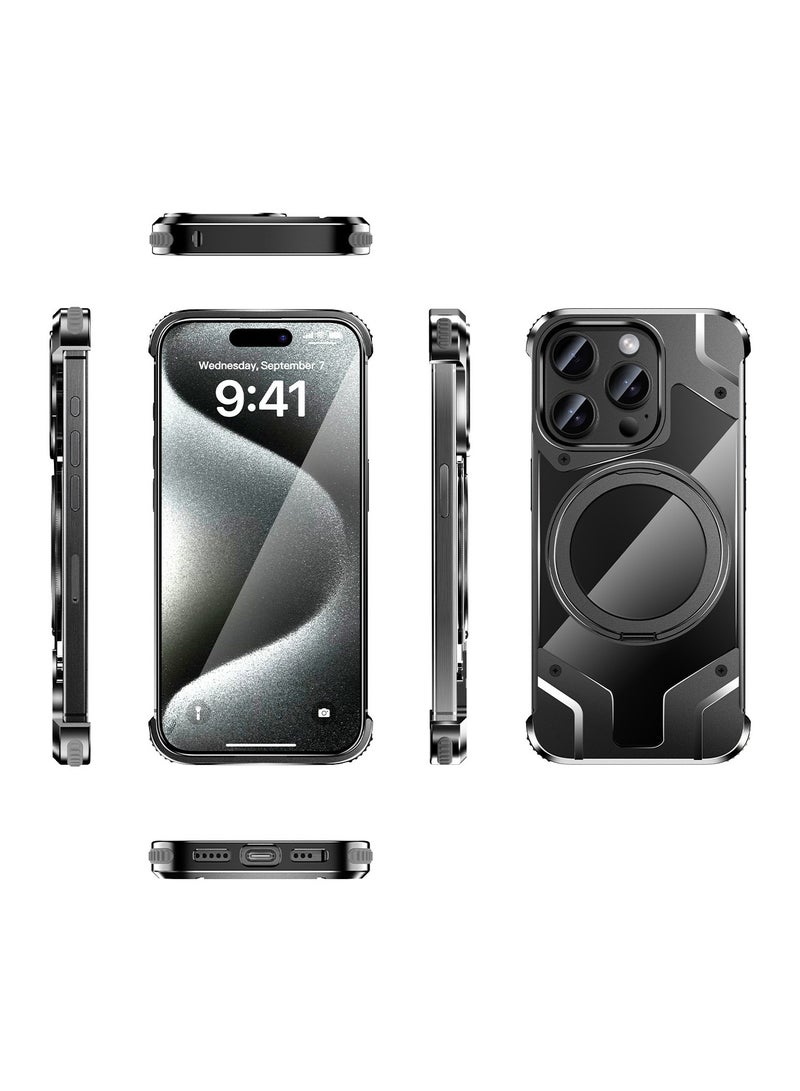 Frameless case for IPHONE 16 PRO MAX with rotatable magnetic stand for MagSafe, minimalist bezel, metal-free aluminium case, frameless transparent rear stand