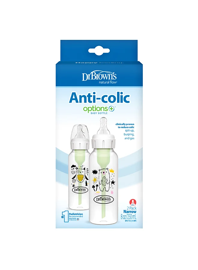 دكتور براونز 8 oz/250 mL PP Narrow Anti-Colic Options+ Baby Bottle, Bear/Owl, 2-Pack