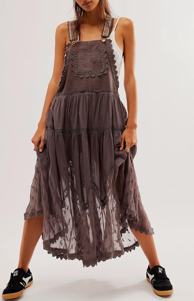 loveimgs Women's Casual Lace Embroidered Maxi Dress Adjustable Strap Pleated Tiered Swing Long Dress with Pockets (Medium,Coffee) - Image 4