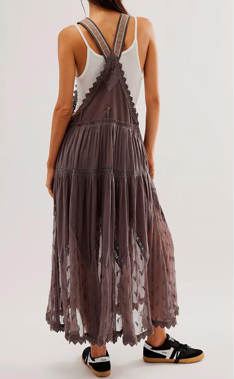 loveimgs Women's Casual Lace Embroidered Maxi Dress Adjustable Strap Pleated Tiered Swing Long Dress with Pockets (Medium,Coffee) - Image 5