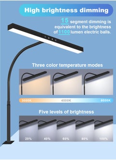LOOPITYS Desk Lamp LED Dimmable 12W 40CM Desk Lamp Clampable Eye Protection Table Lamp Monitor Office Desk Lamp Gooseneck Clamp Light 3 Colour Temperature 5 Brightness Levels Architect Lamp  - Image 3