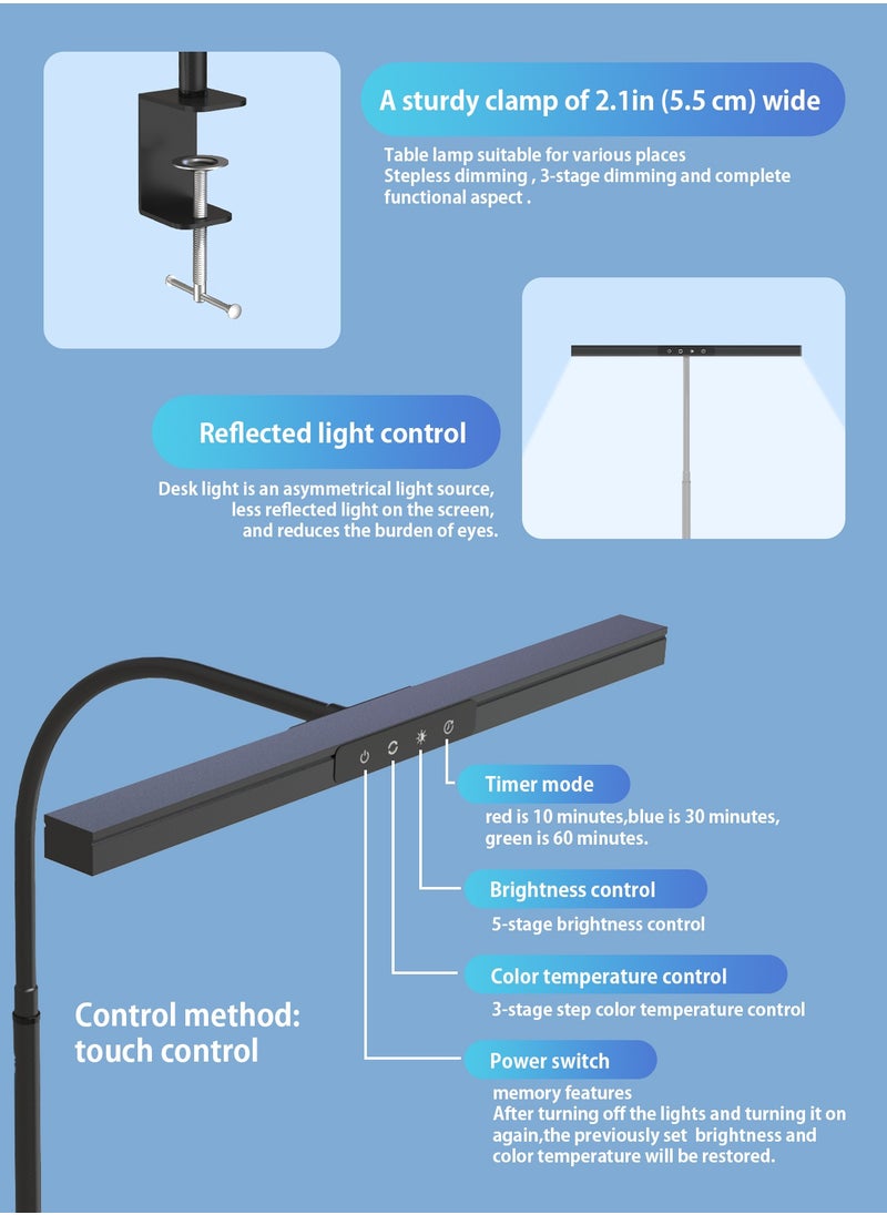Desk Lamp LED Dimmable 12W 40CM Desk Lamp Clampable Eye Protection Table Lamp Monitor Office Desk Lamp Gooseneck Clamp Light 3 Colour Temperature 5 Brightness Levels Architect Lamp