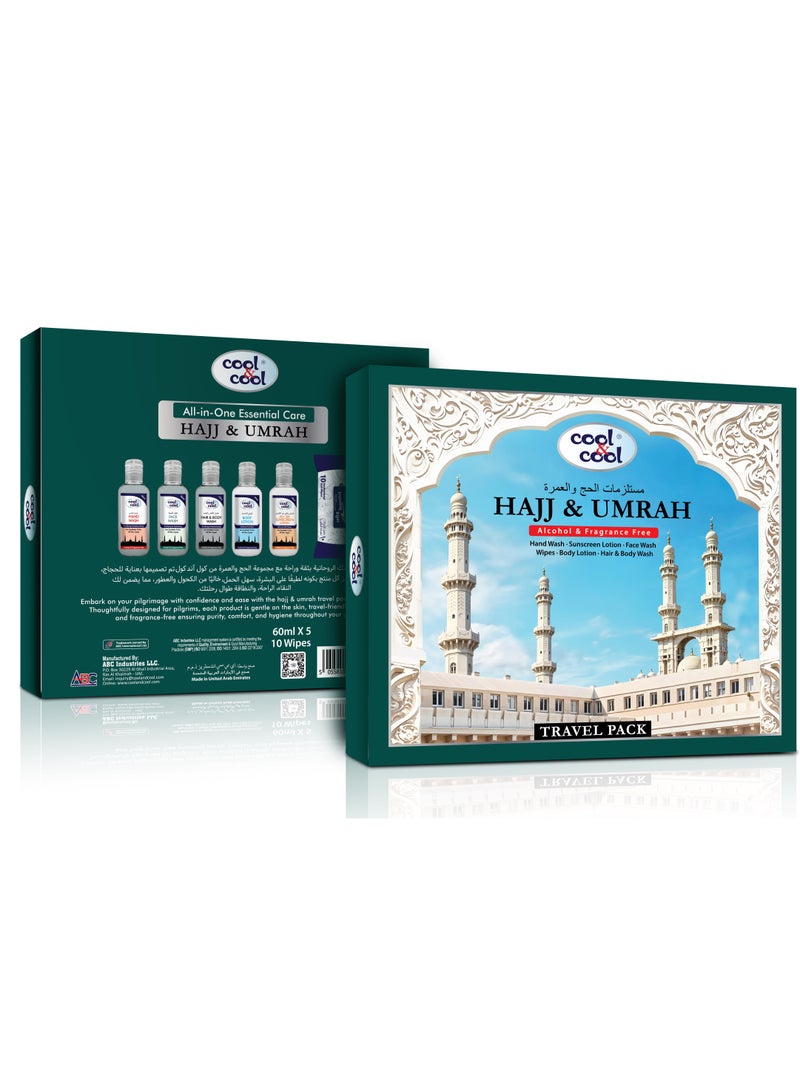 Cool & Cool Cool & Cool All-in-One Essential Care Kit for Hajj and Umrah - Alcohol & Fragrance Free - Hand Wash, Face Wash, Hair & Body Wash, Body Lotion, SPF 50+ Sunscreen, and Travel Wipes - Image 1