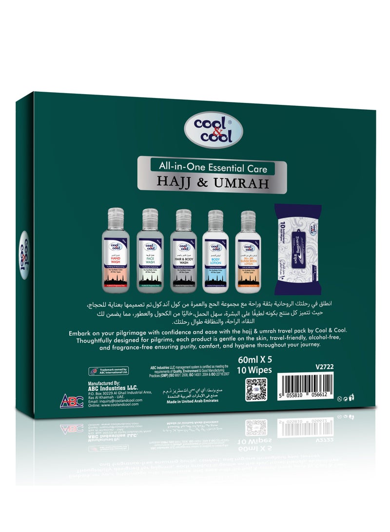 Cool & Cool Cool & Cool All-in-One Essential Care Kit for Hajj and Umrah - Alcohol & Fragrance Free - Hand Wash, Face Wash, Hair & Body Wash, Body Lotion, SPF 50+ Sunscreen, and Travel Wipes - Image 3