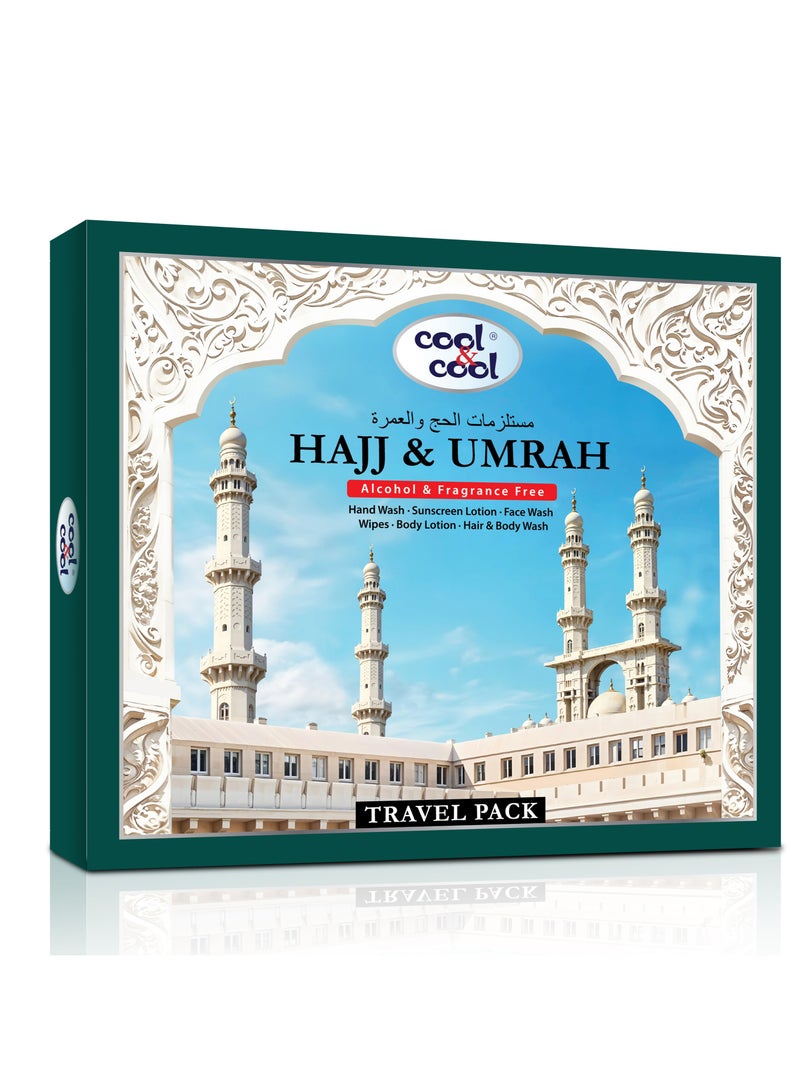 Cool & Cool Cool & Cool All-in-One Essential Care Kit for Hajj and Umrah - Alcohol & Fragrance Free - Hand Wash, Face Wash, Hair & Body Wash, Body Lotion, SPF 50+ Sunscreen, and Travel Wipes - Image 2