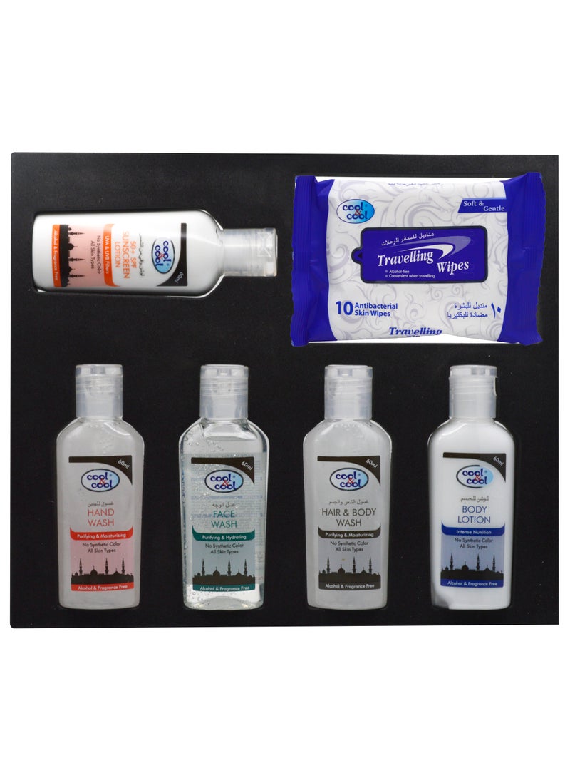 Cool & Cool Cool & Cool All-in-One Essential Care Kit for Hajj and Umrah - Alcohol & Fragrance Free - Hand Wash, Face Wash, Hair & Body Wash, Body Lotion, SPF 50+ Sunscreen, and Travel Wipes - Image 4