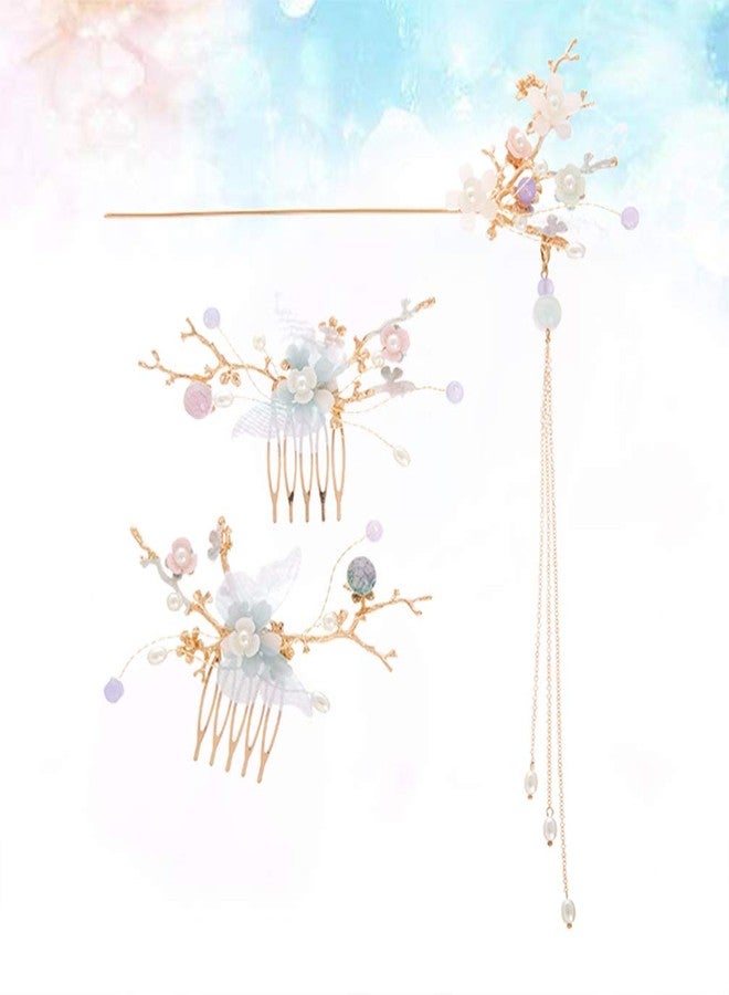 Minkissy Chinese Hair Accessories Hair Sticks With Chain Chinese Hanfu Hair Pins Side Comb Cherry Blossom Headpiece For Women Girls Flower Crystal Pearl Hair Chopsticks - Image 2