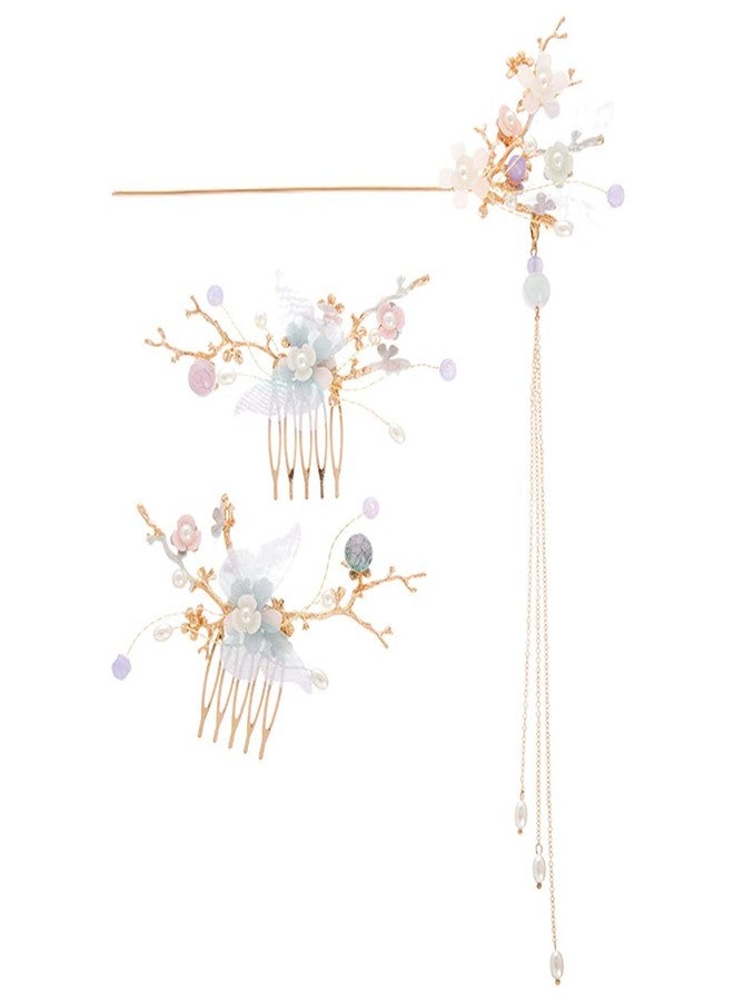 Minkissy Chinese Hair Accessories Hair Sticks With Chain Chinese Hanfu Hair Pins Side Comb Cherry Blossom Headpiece For Women Girls Flower Crystal Pearl Hair Chopsticks - Image 1
